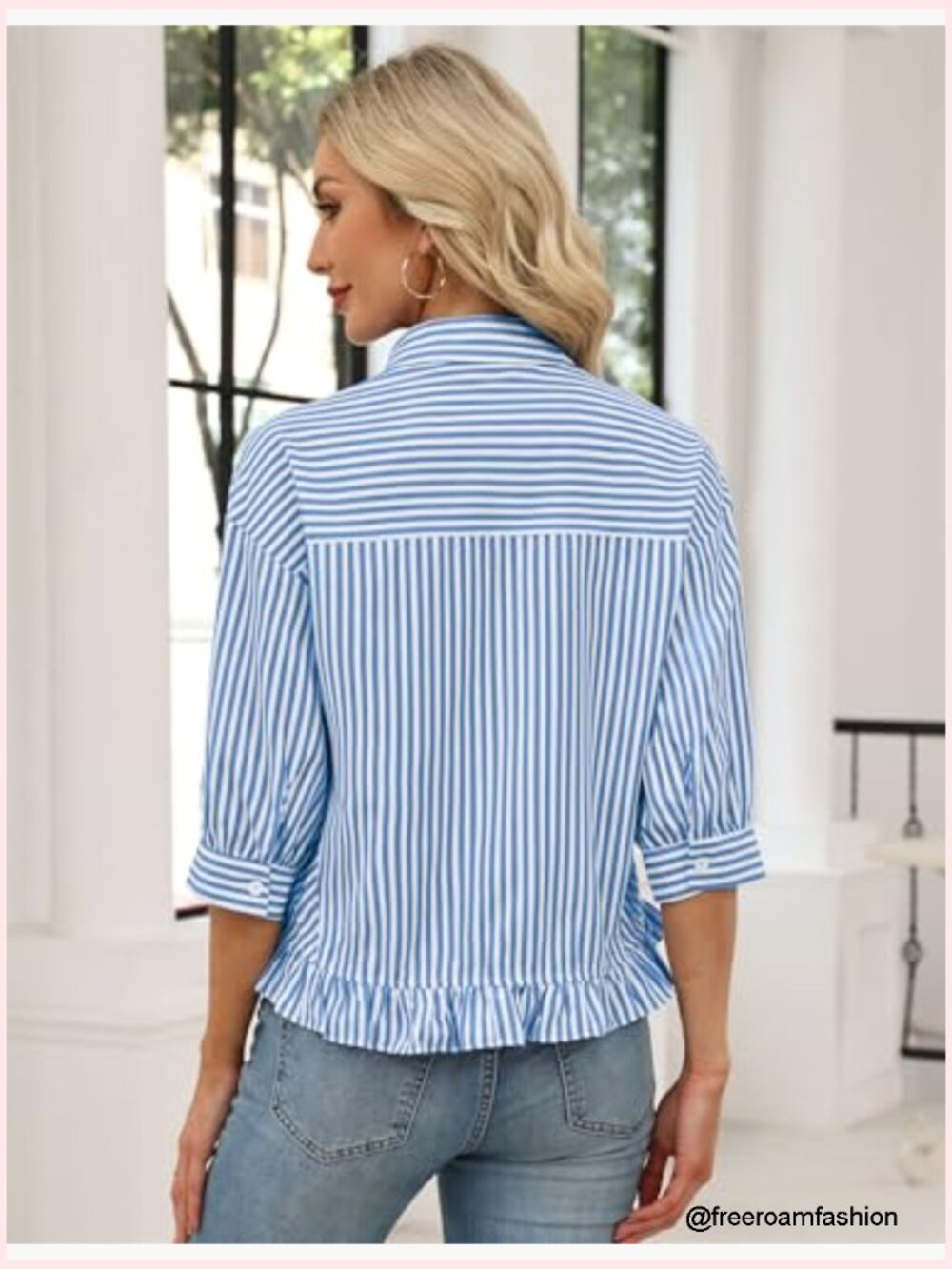 Womens 3/4 Sleeve Button Down Ruffle Babydoll Blouse Loose Fit Striped - Picture 3 of 7